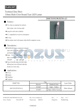 204UYSYGW-S530-A3 datasheet - 3.0mm Multi-Color Round Type LED Lamps