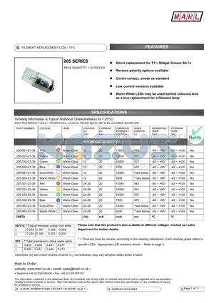205-501-21-38 datasheet - FILAMENT REPLACEMENT LEDs - T1n