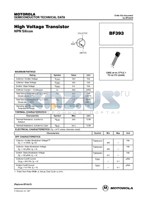 BF393 datasheet - High Voltage Transistor(NPN Silicon)