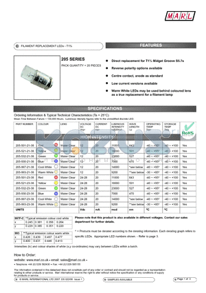 205-521-21-38 datasheet - FILAMENT REPLACEMENT LEDs - T1n