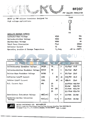 BF397 datasheet - PNP SILICON TRANSISTOR