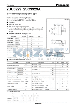 2SC3929 datasheet - Silicon NPN epitaxial planer type(For low-frequency output amplification)