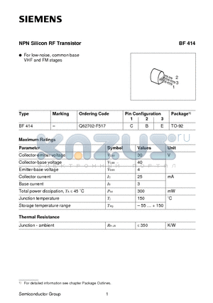 BF414 datasheet - NPN Silicon RF Transistor (For low-noise, common base VHF and FM stages)