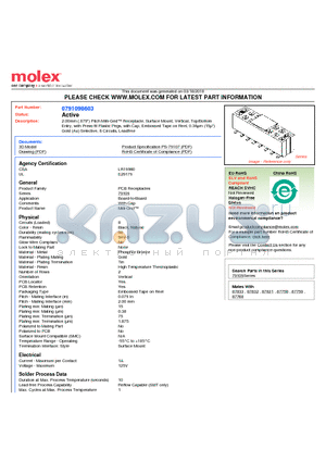 0791098603 datasheet - 2.00mm (.079) Pitch Milli-Grid Receptacle, Surface Mount, Vertical, Top/Bottom Entry, with Press-fit Plastic Pegs, with Cap, Embossed Tape on Reel