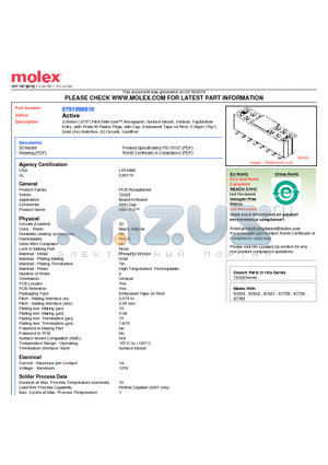 0791098610 datasheet - 2.00mm (.079) Pitch Milli-Grid Receptacle, Surface Mount, Vertical, Top/Bottom Entry, with Press-fit Plastic Pegs, with Cap, Embossed Tape on Reel