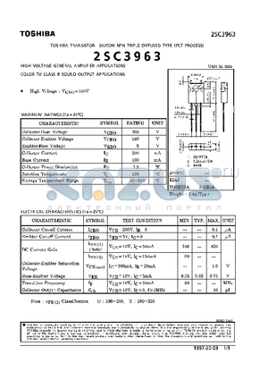 2SC3963 datasheet - NPN TRIPLE DIFFUSED TYPE (HIGH VOLTAGE GENERAL AMPLIFIER, COLOR TV CLASS B SOUND OUTPUT APPLICATIONS
