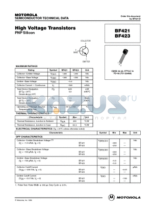 BF421 datasheet - High Voltage Transistors(PNP)