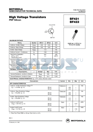 BF421 datasheet - High Voltage Transistors(PNP Silicon)