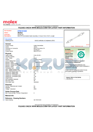 0795161025 datasheet - Micro-Fit Overmolded Cable Assembly, 2 Circuit, 5.0m (16.40) Length