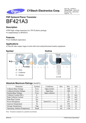 BF421A3 datasheet - PNP Epitaxial Planar Transistor