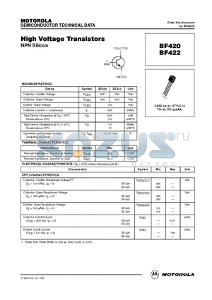 BF422 datasheet - High Voltage Transistors(NPN)