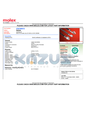 0797580012 datasheet - Micro-Fit Female (Au) 20 AWG,UL1061,300MM