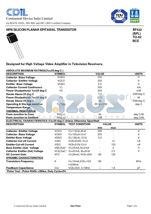 BF422 datasheet - NPN SILICON PLANAR EPITAXIAL TRANSISTOR