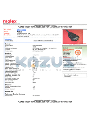 0799250002 datasheet - TDP (Triad Differential Pair) PCIe x1 Cable Assembly, 18 Circuit, 3.00m (9.842 )Length, 4-40 Jackscrew