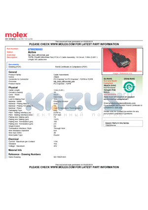 0799250003 datasheet - TDP (Triad Differential Pair) PCIe x1 Cable Assembly, 18 Circuit, 1.00m (3.281 ) Length