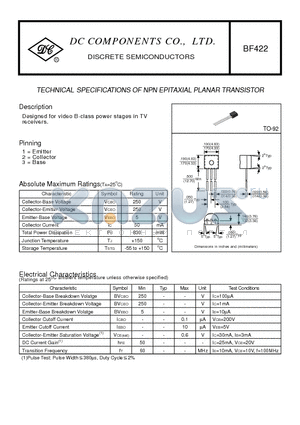 BF422 datasheet - TECHNICAL SPECIFICATIONS OF NPN EPITAXIAL PLANAR TRANSISTOR