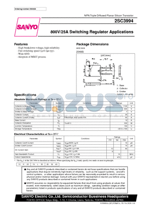 2SC3994 datasheet - 800V/25A Switching Regulator Applications