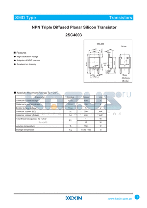 2SC4003 datasheet - NPN Triple Diffused Planar Silicon Transistor