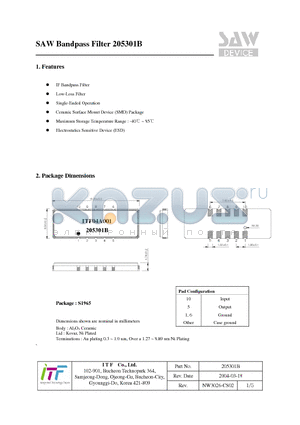 205301B datasheet - SAW Bandpass Filter