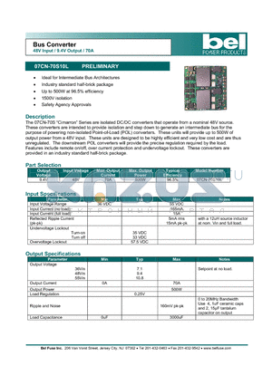 07CN-70S10L datasheet - Bus Converter 48V Input / 9.4V Output / 70A