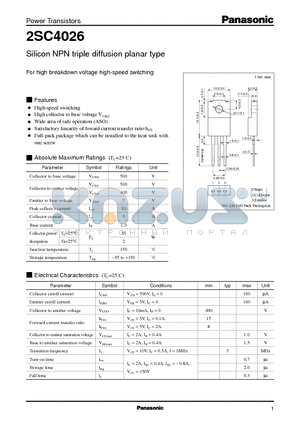 2SC4026 datasheet - For high breakdown voltage high-speed switching