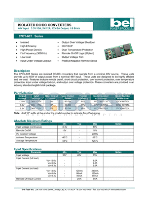 07CY-60T datasheet - ISOLATED DC/DC CONVERTERS 48V Input 3.3V/15A, 5V/12A, 12V/5A Output, 1/8 Brick