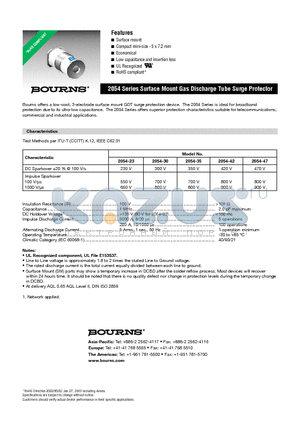 2054 datasheet - 2054 Series Surface Mount Gas Discharge Tube Surge Protector