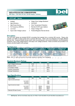 07CY-60T050 datasheet - ISOLATED DC/DC CONVERTERS 48V Input 3.3V/15A, 5V/12A, 12V/5A Output, 1/8 Brick