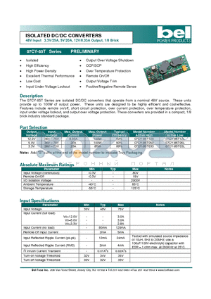 07CY-85T033 datasheet - ISOLATED DC/DC CONVERTERS 48V Input 3.3V/25A, 5V/20A, 12V/8.33A Output, 1/8 Brick