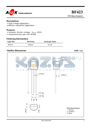 BF423 datasheet - PNP Silicon Transistor (High voltage application Monitor equipment application)