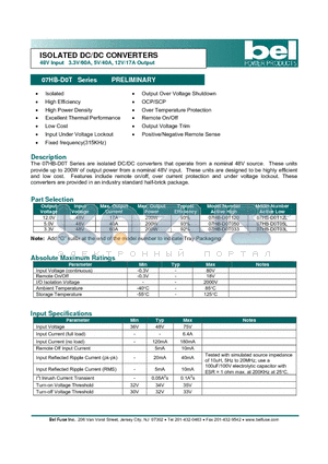 07HB-D0T120 datasheet - ISOLATED DC/DC CONVERTERS 48V Input 3.3V/60A, 5V/40A, 12V/17A Output