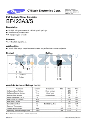 BF423A3S datasheet - PNP Epitaxial Planar Transistor
