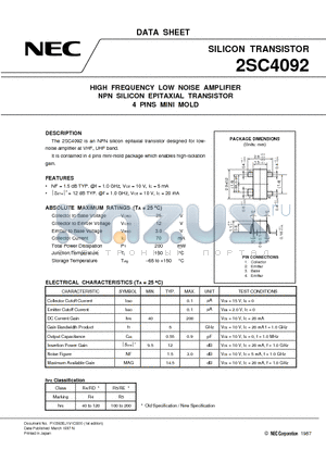 2SC4092 datasheet - HIGH FREQUENCY LOW NOISE AMPLIFIER NPN SILICON EPITAXIAL TRANSISTOR 4 PINS MINI MOLD