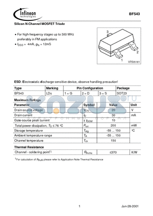 BF543 datasheet - Silicon N-Channel MOSFET Triode