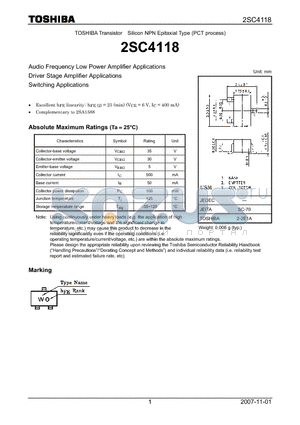 2SC4118 datasheet - Silicon NPN Epitaxial Type (PCT process) Audio Frequency Low Power Amplifier Applications