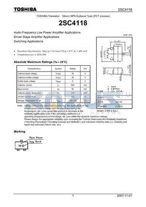 2SC4118_07 datasheet - Silicon NPN Epitaxial Type (PCT process) Audio Frequency Low Power Amplifier Applications