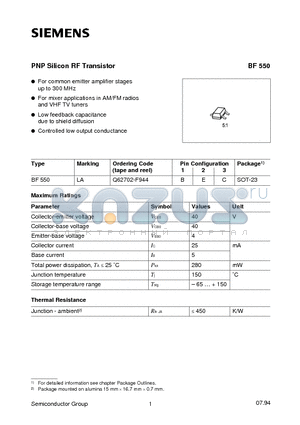 BF550 datasheet - PNP Silicon RF Transistor (For common emitter amplifier stages up to 300 MHz For mixer applications in AM/FM radios and VHF TV tuners)