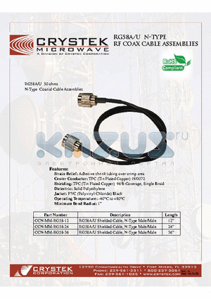 CCN-MM-RG58-36 datasheet - N-Type RF Coax Cable Assemblies