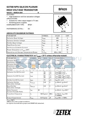 BF620 datasheet - NPN SILICON PLANAR HIGH VOLTAGE TRANSISTOR