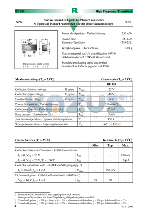 BF599 datasheet - Surface mount Si-Epitaxial PlanarTransistors