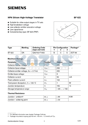 BF622 datasheet - NPN Silicon High-Voltage Transistor (Suitable for video output stages in TV sets High breakdown voltage Low collector-emitter saturation voltage)