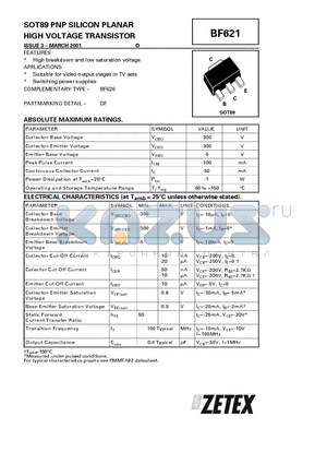 BF621 datasheet - PNP SILICON PLANAR HIGH VOLTAGE TRANSISTOR