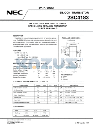 2SC4183 datasheet - RF AMPLIFIER FOR UHF TV TUNER NPN SILICON EPITAXIAL TRANSISTOR SUPER MINI MOLD