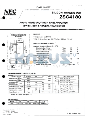 2SC4180 datasheet - AUDIO FREQUENCY HIGH GAIN AMPLIFIER NPN SILICON EPITAXIAL TRANSISTOR