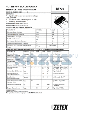 BF720 datasheet - NPN SILICON PLANAR HIGH VOLTAGE TRANSISTOR