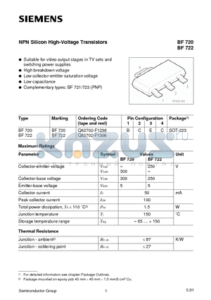 BF720 datasheet - NPN Silicon High-Voltage Transistors (Suitable for video output stages in TV sets and switching power supplies High breakdown voltage)