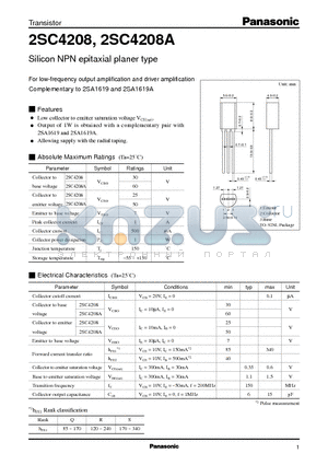 2SC4208 datasheet - Silicon NPN epitaxial planer type(For low-frequency output amplification and driver amplification)