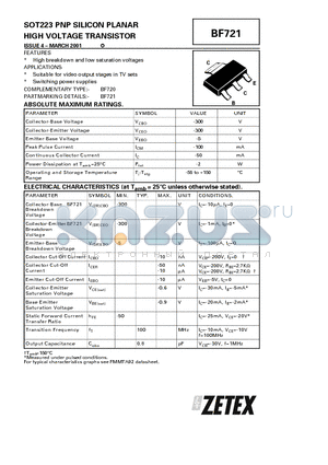 BF721 datasheet - PNP SILICON PLANAR HIGH VOLTAGE TRANSISTOR