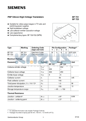 BF721 datasheet - PNP Silicon High-Voltage Transistors (Suitable for video output stages in TV sets and switching power supplies High breakdown voltage)