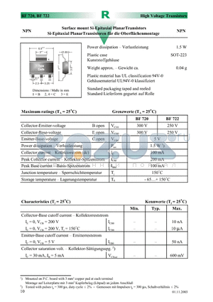 BF722 datasheet - Surface mount Si-Epitaxial PlanarTransistors
